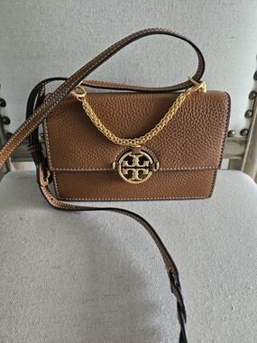 Tory Burch Tan Pebbled Leather Crossbody with Gold Logo Chain